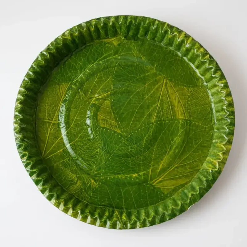 Leaf print disposable paper plates made by Reva Disposable at their own unit in Dahod, Gujarat
