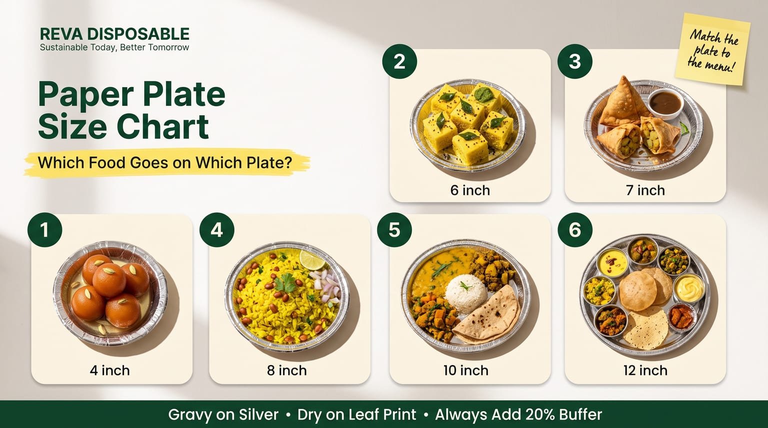 Paper plate size chart showing which food goes on 4, 6, 7, 8, 10 and 12 inch paper dishes
